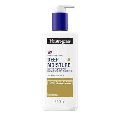 Obrázek Neutrogena Deep Moisture tělové mléko s mandlovým olejem, okamžitě se vstřebává pro 72hodinovou intenzivní vlhkost, nemastící péče o pleť technologií Ceramide suchou pokožku