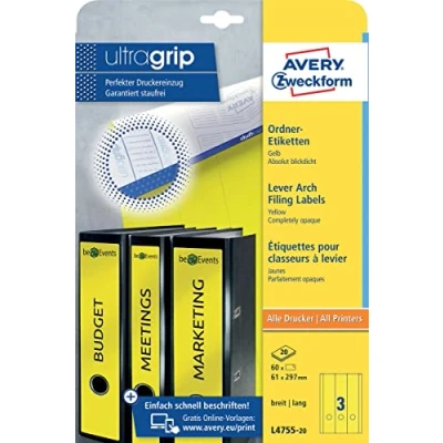Obrázek AVERY Zweckform L4755 20 Etikety na hřbety pořadačů (60 štítků s ultragripem, 61 x 297 mm A4, široké/dlouhé, samolepicí, absolutně neprůhledné, potiskovatelné štítky pořadače) listů, žluté