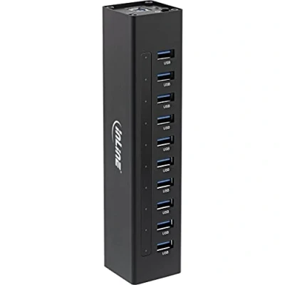 Obrázek InLine 35395C USB 3.0 hub, 10 portů, hliníkový kryt, černý, se síťovým zdrojem 4A