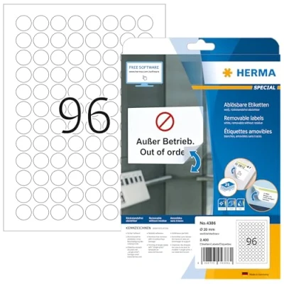 Obrázek Etikety Movables od Herma, 4386, kulaté, odstranitelné, opakovaně lepící (Ø 20 mm na papíru DIN A4 matné, bílé) 2 400 kusů 25 listech, s možností potisku