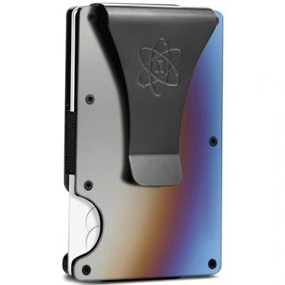 Obrázek ROSSM pánská peněženka s RFID ochranou pouzdro na karty muži z uhlíkových vláken a kovu se sponou peníze gumičkou Slim Wallet for Men, Burnt Damascus, Money Clip