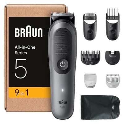 Obrázek Braun Grooming sada All in One Series 5 9 v 1, ultra ostrá čepel, baterie 120 min, technologie SkinGuard, precizní zastřihování, AquaGrip pro pod vodu, AIO5545, šedá