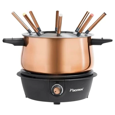 Obrázek Bestron elektrická sada na fondue až pro 8 osob, s vidličkami a plynulým termostatem, vč. ochrany proti stříkání, barva: měď
