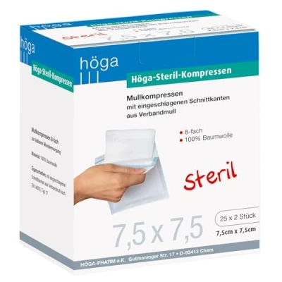 Obrázek Höga sterilní komprese, gázové obklady 7,5 x cm 25 2 kusů, sterilní, 8 EN 14079 typ 17, balení po kusech.