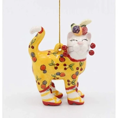 Obrázek Cosmos Gifts 56555 Katze mit Kirsche Ornament, Keramik, Gelb, Rot, Weiß