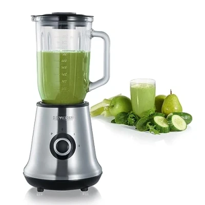Obrázek SEVERIN Stojací mixér se skleněnou nádobou na mixování 1,0 l, 2 stupni a pulzní funkcí, výkonný kuchyňský s nožem z ušlechtilé oceli, cca 500 W, ušlechtilá ocel/černý, SM 3734