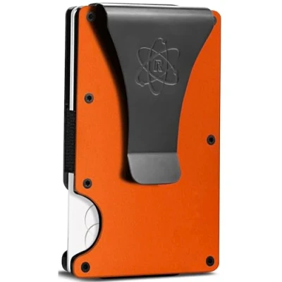 Obrázek ROSSM pánská peněženka s RFID ochranou pouzdro na karty muži z uhlíkových vláken a kovu se sponou peníze gumičkou Slim Wallet for Men, Matná oranžová, Money Clip