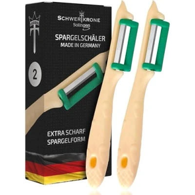 Obrázek SCHWERTKRONE® 2 škrabka na chřest [MADE IN SOLINGEN GERMANY] brambory zeleninu a mrkev pro leváky praváky okurky bramborová loupačka