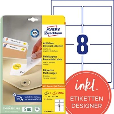 Obrázek AVERY Zweckform L4745REV 25 Univerzální etikety (200 plus 40 samolepicích etiket navíc, 96 x 63,5 mm na A4, opět beze zbytku odstranitelné/odstranitelné, potiskovatelné, samolepicí nálepky) 30 listů, bílá