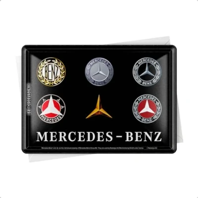 Obrázek Nostalgic Art Plechová retro pohlednice, 10 x 14 cm, Mercedes Benz Logo Evolution nápad na dárek pro fanoušky doplňků, pohlednice z kovu, mini plechový štítek jako přání