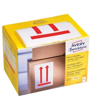Obrázek AVERY Zweckform Výstražné etikety 7251 Symbol pozor: Pozor křehký (200 etiket na roli v dávkovači kartonu, 78 x 100 mm, samolepicí, použitelné pro expedici, stěhování, také mezinárodně) světle červené