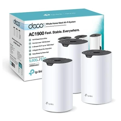 Obrázek TP Link Sada Deco S1900 Mesh WLAN (balení 3 ks), AC1900 dvoupásmový router a opakovač, 3x gigabitové porty pro každou jednotku, doporučeno domy se 35 ložnicemi, komplexní ochrana mládeže