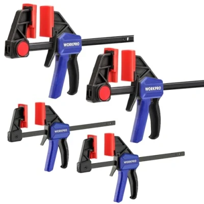 Obrázek WORKPRO Jednoruční svěrky sada 4 ks svěrek upínače, rozpětí 120 mm/150 mm, rozsah roztažnosti 200 mm/285 napínací síla 23 kg/68 kg, ocel a nylon pro přesné upevnění