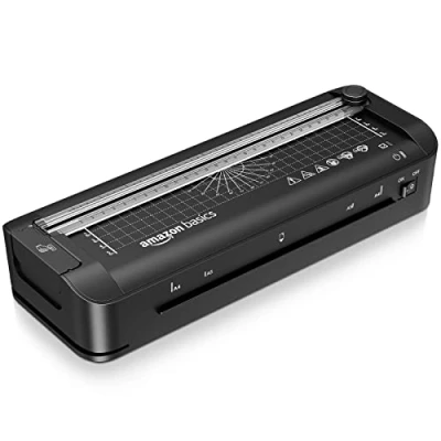 Obrázek Amazon Basics Termolaminovačka 3 v 1 pro velikost A4, s funkcemi řezání, děrování a zaoblení rohů, vč. 10 pouzder, EU zástrčka, černá