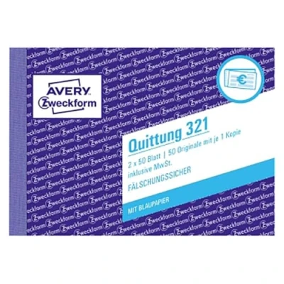 Obrázek AVERY Zweckform 321 blok stvrzenek (A6 na šířku, 2x50 listů, s průrazem, odolný proti falšování, vč. DPH, pro Německo a Rakousko) bílý