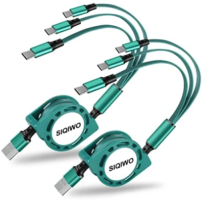 Obrázek SIQIWO USB typ C kabel rychlé nabíjení [3 A/1 M/2 kusy], QC 3.0 zatahovací nabíjecí a datový se 3 porty typu C, Pro iPhone 16 Max, Samsung Galaxy S24 S23 Ultra, Huawei, LG, Sony,
