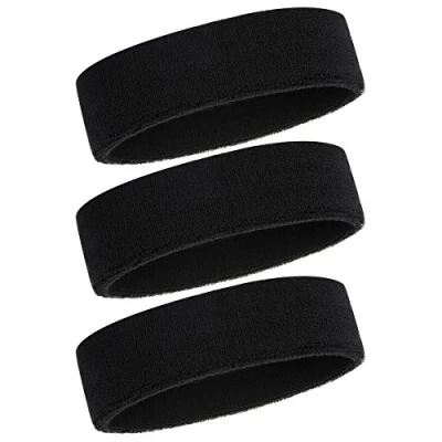 Obrázek ONUPGO Čelenka pro muže a ženy 3 ks sportovní čelenky odvádění vlhkosti Athletic Cotton Terry Cloth potítko absorbující pot (Black 3)