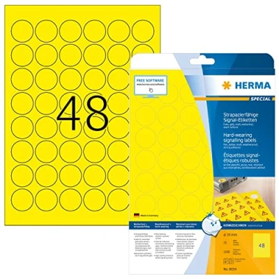 Obrázek HERMA Fólie 8034, odolné proti povětrnostním vlivům, DIN A4 (Ø 30 mm, 25 listů, polyesterová fólie, matná, kulatá), samolepicí, potištěné, extrémně silně přilnavé venkovní signální etikety, 1 200 lepicích štítků, žluté
