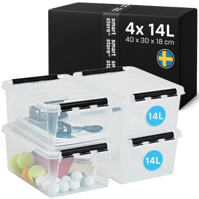 Obrázek SmartStore Úložný box s víkem, 14 l, 4dílné balení, zesílený, velký, transparentní, vhodný pro potraviny, klipem, stohovatelný, plast bez BPA, 40 x 30 18 cm (D Š V)