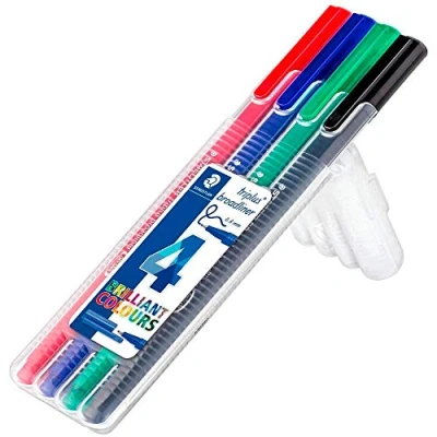 Obrázek STAEDTLER 338 SB4 broadliner triplus (ergonomický trojhranný tvar, Dry Safe, inkoust na vodní bázi, šířka čáry 0,8 mm, omyvatelný, nastavitelný box se 4 barevně tříděnými broadlinery)