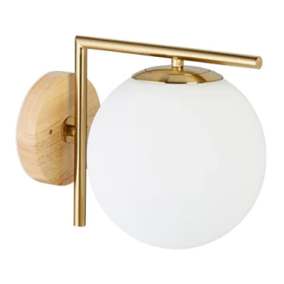 Obrázek Relaxdays Nástěnné svítidlo GLOBI, kov, sklo koule stínítko, moderní, design nástěnná lampa, V x Š H: 22 19,5 28 cm, mosaz