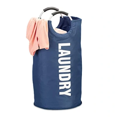 Obrázek Relaxdays, Modrý skládací koš na prádlo, s uchem, lehký, přenosný, objem 100 l, kulatý V x Ø: 70 38 cm, 600 D Oxford polyester, hliník, Eva, standard