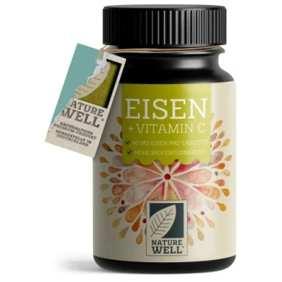 Obrázek Železné tablety ve vysokých dávkách 180 x s 40 mg železa + vitamín C (40 mg) z šípků železné VEGAN biologicky dostupným železem, vysoká dávka ze a bisglycinátu bez nežádoucích