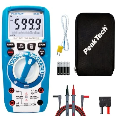 Obrázek PeakTech 3444 True RMS multimetr digitální (IP67) vodotěsný zkoušečka napětí a přístroj na měření proudu 6000 Counts extrémně robustní kryt s LED lampou průchodnosti, měřicí