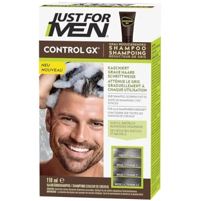 Obrázek Just For Men Control GX šampon, postupné ztmavování vlasů, ke snížení šedých barvení přírodní barevný výsledek, s kokosovým olejem a aloe vera všechny barvy 118 ml