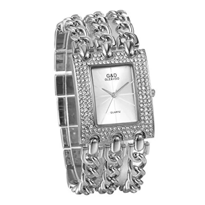 Obrázek JewelryWe Dámské hodinky elegantní analogové quartzové náramkové štras obdélníkové ležérní s trojnásobným pancéřovým náramkem, stříbrná, Vánoce, narozeniny