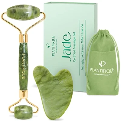 Obrázek Plantifique Jade Roller &amp; Gua Sha Stein Natürlicher Grüner Massageroller Gesichtsroller aus