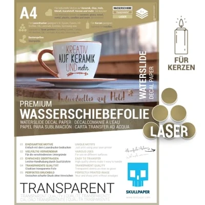 Obrázek SKULLPAPER® Průhledná fólie pro laserové tiskárny velmi tenká DIY dekorativní obtiskovací mokrá posuvná keramiku, sklo, svíčky, kov, plast, modelářství (A48 listů)
