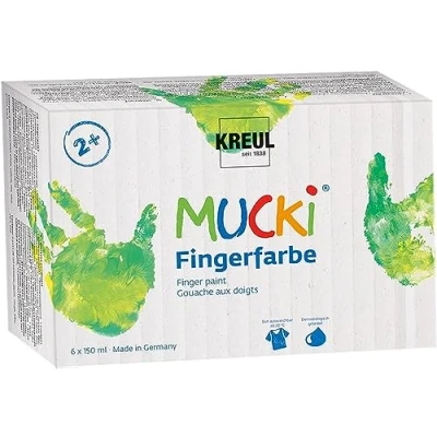 Obrázek KREUL 2316 Mucki zářivá barva na prsty, 6 x 150 ml žlutá, červená, modrá, zelená, bílá a černá, bez parabenů, lepku, laktózy veganské, omyvatelné, lze rozmazat štětcem prsty