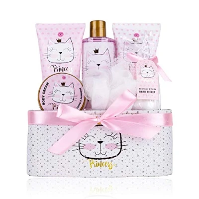 Obrázek Accentra Dárková sada Princess Kitty pro dívky a ženy 7dílná sprchová s pěnovou koupelí, peeling, sprchovým gelem, tělovým mlékem dalšími pečující jahodovou vanilkovou vůní v