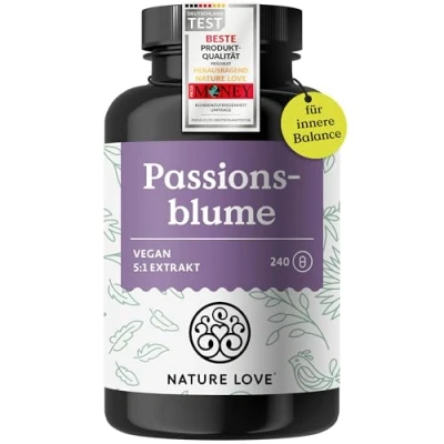 Obrázek NATURE LOVE® extrakt z mučenky 240 kapslí, 4 měsíční zásoba. 750 mg 5: 1 (odpovídá 3750 mg) na denní dávku. Bez nežádoucích přísad, vysoká dávka, veganská, německá produkce
