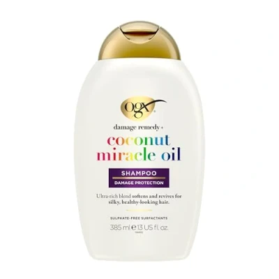 Obrázek OGX Coconut Miracle Oil Shampoo (385 ml), hydratační péče o vlasy šampon s kokosovým olejem a vanilkovým extraktem, lokny bez tenzidů obsahujících sulfáty pro poškozené suché