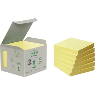 Obrázek Post it Recyklační noty kanárská žlutá, balení se 6 bloky, 100 listů na blok, 76 mm x mm, barva: Žlutá Samolepicí poznámkový blok ze 100% recyklovaného papíru