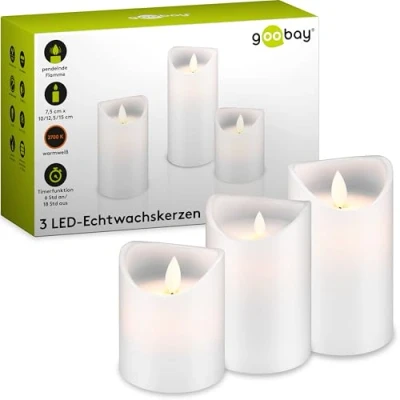 Obrázek Goobay 66541 LED svíčky s funkcí časovače / teplé světlo válcové z pravého vosku plápolající plamen elektrické adventní sada 3 ks bílé