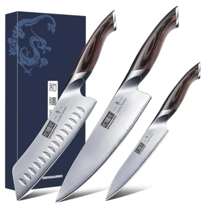 Obrázek HOSHANHO 3dílná sada nožů, kuchyňský nůž z ušlechtilé oceli, kuchařský profesionální s kuchařským nožem, Santoku, Utility
