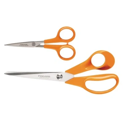 Obrázek Fiskars Klasická sada nůžek, univerzální nůžky (21 cm) a na ruční práce (13 cm), čepele z nerezové oceli/plastové rukojeti, oranžové, 1003031