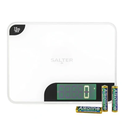 Obrázek Salter 1079 WHDR Digitální kuchyňská váha LED snadno čitelný displej, dvojitá funkce extra velká vysoce lesklá platforma pro řezání a vážení, kapacita tára, 15 kg, měří tekutiny, bílá