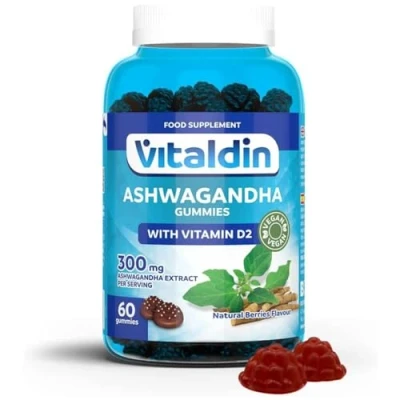 Obrázek VITALDIN Ashwagandha gumy 300 mg kořenového extraktu KSM 66 &amp; 1 000 IU Vitamin D2 60 ovocných gum; chuť červených plodů adaptogen proti stresu; pro uklidnění a uvolnění veganské