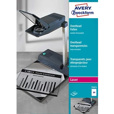 Obrázek AVERY Zweckform 3563 Overhead fólie pro laserové tiskárny a kopírky (100 transparentních fólií, A4, speciální povrchová úprava, stohovatelné, extrémně žáruvzdorné díky zvýšené tloušťce 0,13 mm)