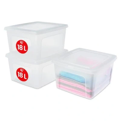 Obrázek Iris Ohyama Univerzální úložné boxy, 18 l, sada 3 ks, transparentní, víko snadno uzavíratelné, stohovatelné, plast, do skříně, regálů, tříd, organizace, umělecké potřeby, boty, MCB