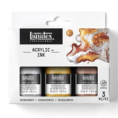 Obrázek Liquitex 3699237 tekuté profesionální akrylové barvy inkoustová sada, vysoce pigmentovaná airbrush barva, 3 po 30 ml irizující