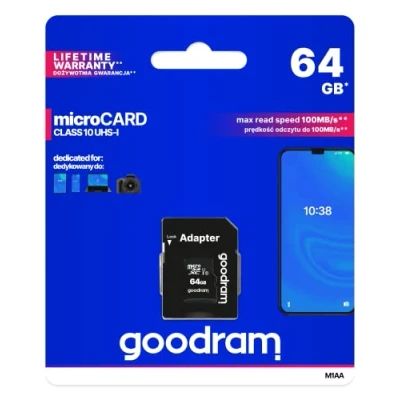 Obrázek goodram 64GB M1AA Mikrokarte Hohe Geschwindigkeit Klasse 10 Speicherkarte mit Adapter und UHS I Schnittstelle Lesegeschwindigkeit bis zu 100 MB/s Schreibgeschwindigkeit ab 64 GB