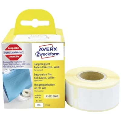 Obrázek AVERY Zweckform AS0722460 samolepící registrační etikety 220 nálepek (12 x 50 mm, kompatibilní s etiketami Dymo LabelWriter, odpovídá S0722460/99017, trvale přilnavý) 1 role bílá