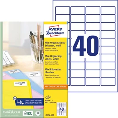 Obrázek AVERY Zweckform L7654 100 Mini organizační etikety (45,7 x 25,4 mm na DIN A4, samolepicí víceúčelové etikety, lze potisknout, k adresování a označení) 4 000 nálepek listů, bílé