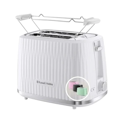 Obrázek Russell Hobbs Toustovač [pro 2 plátky] Eden (6 stupňů opečení, zvedání, rozmrazování, zahřívání a zastavení, zásuvka na drobky, nástavec pečivo, bílý) 27370 56