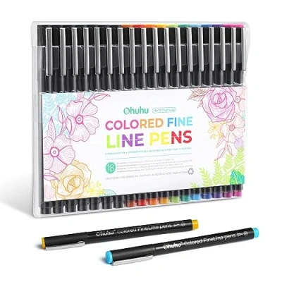 Obrázek Sada Fineliner 18, Ohuhu 11 mikrofix barevné a 6 černých fixů s 1 popisovačem voděodolné tužky pro ruční psaní, skicování, umělecká ilustrace, technické kreslení